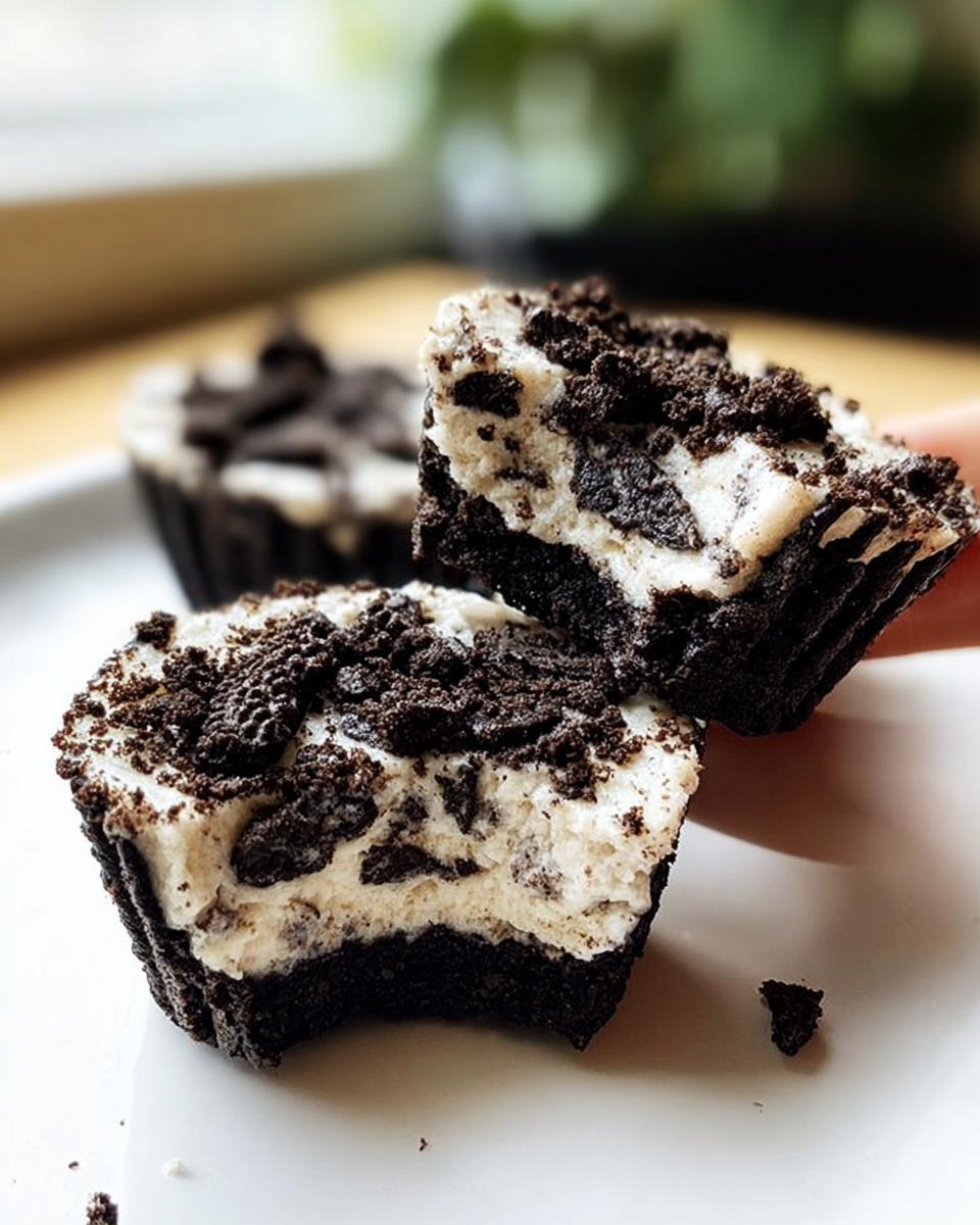 Close-up of a Healthy No-Bake Oreo Cheesecake Bite with a bite taken out, showing creamy filling and crushed Oreos.