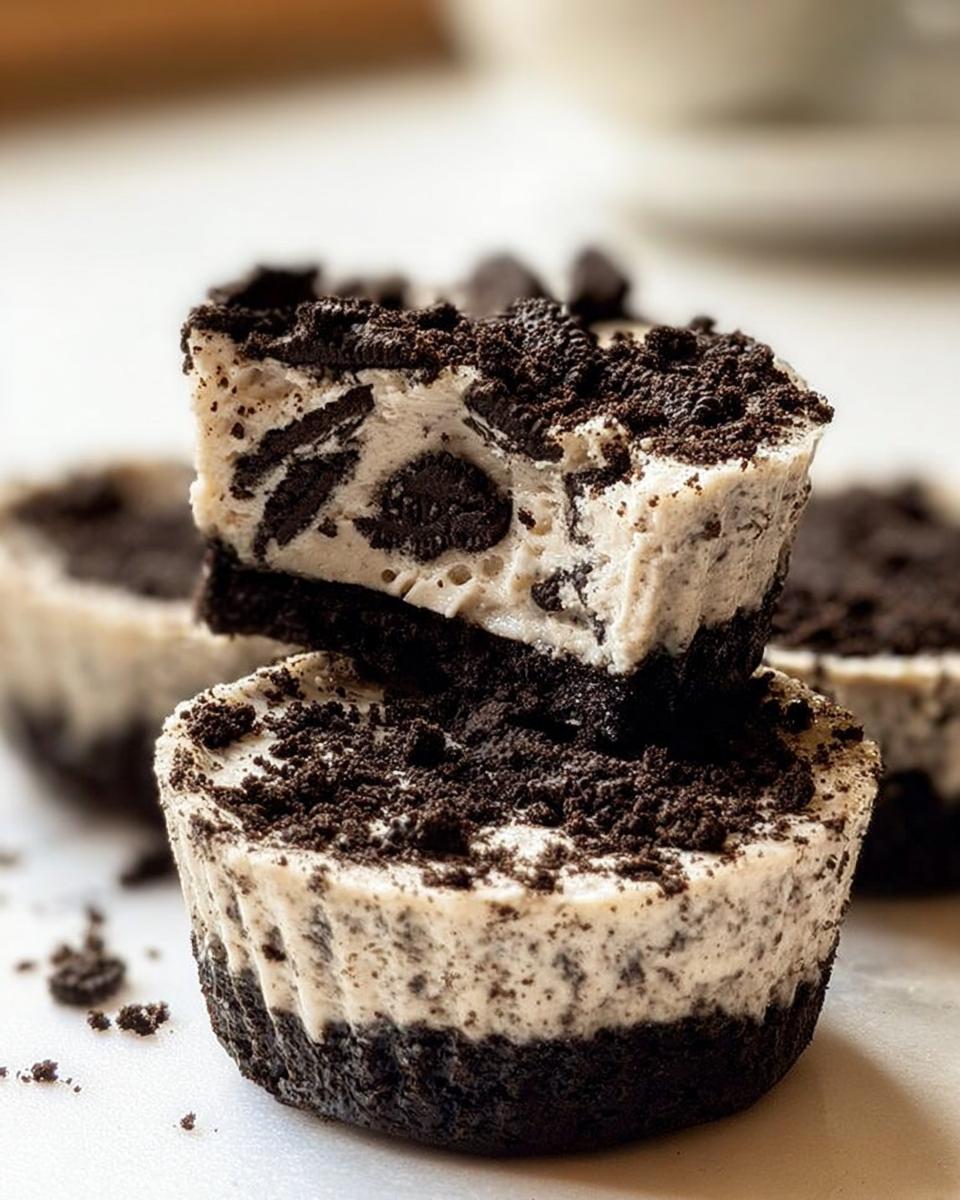 A close-up of two Healthy No-Bake Oreo Cheesecake Bites stacked, topped with crushed Oreos.