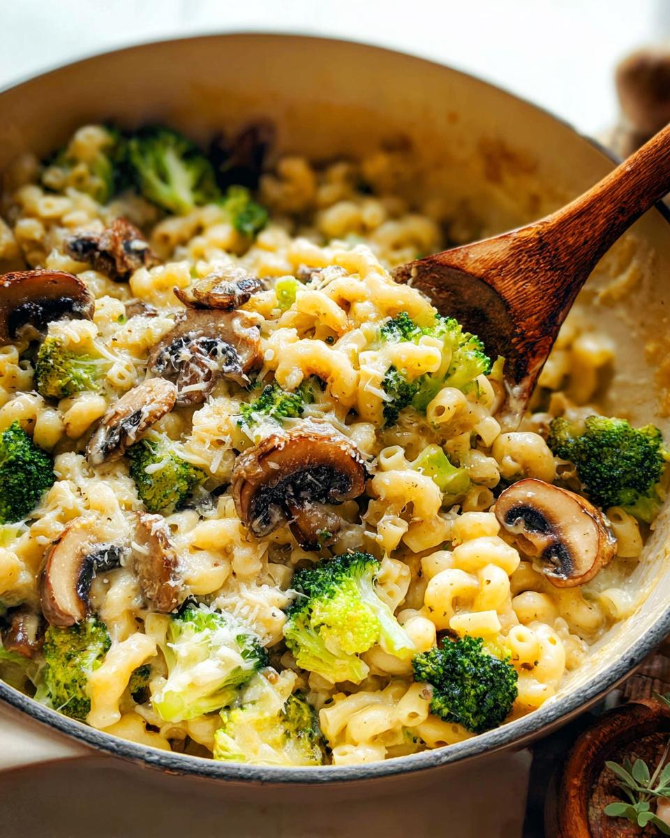 Close-up of Healthy One Pot Broccoli Mac & Cheese with mushrooms and a wooden spoon.