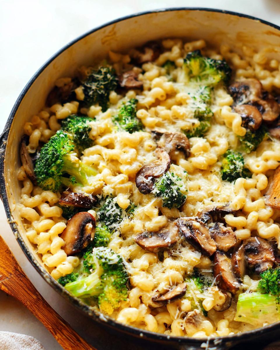 A close-up view of Healthy One Pot Broccoli Mac & Cheese in a cast iron skillet, topped with grated cheese.