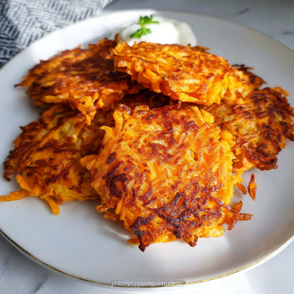 A plate of golden-brown, crispy Healthy Sweet Potato Hash Browns served with a dollop of sour cream and parsley garnish.