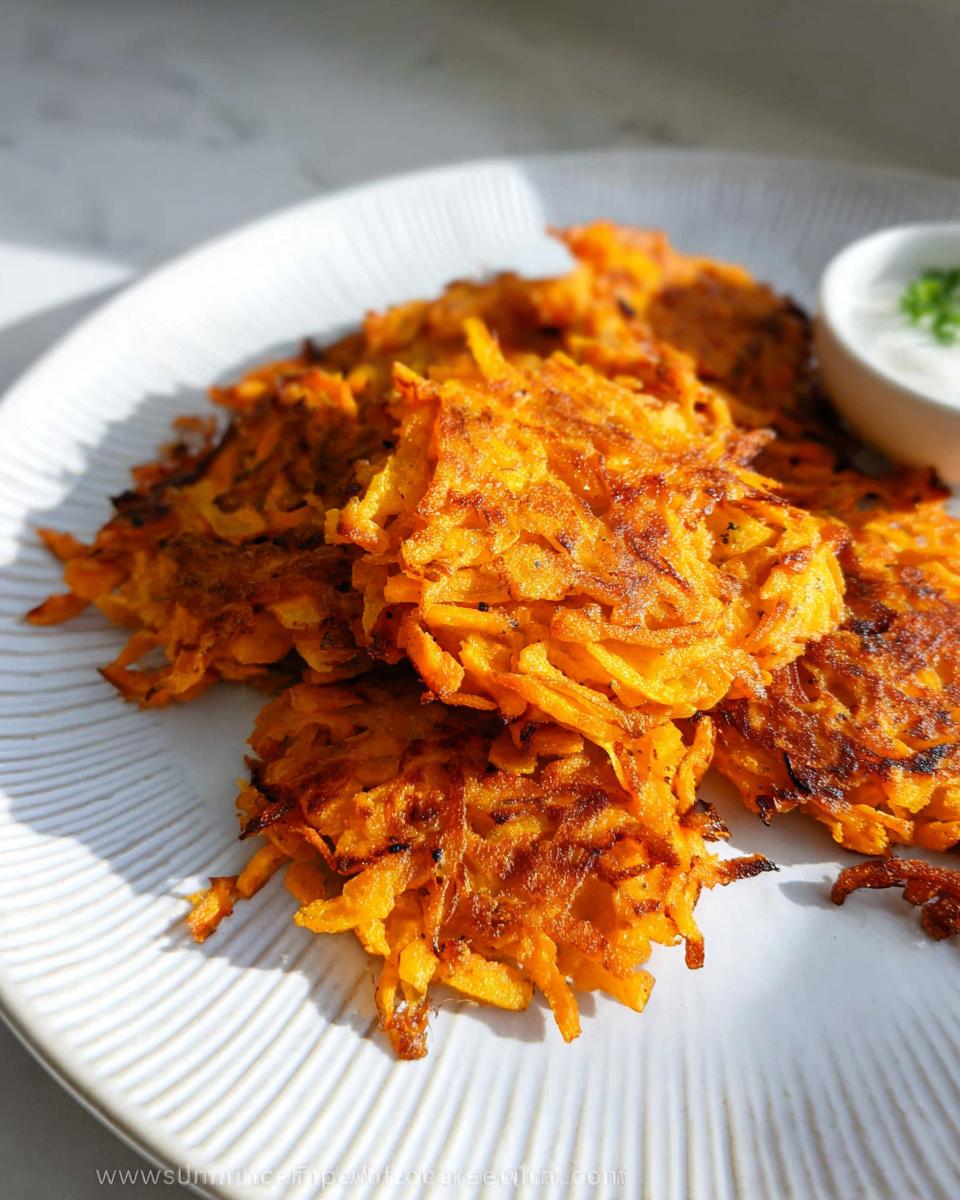 A plate of golden-brown, crispy Healthy Sweet Potato Hash Browns served with a side of sour cream.