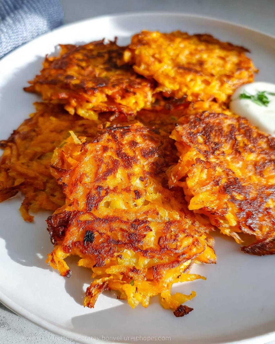 A close-up of golden-brown, crispy Healthy Sweet Potato Hash Browns on a white plate with a dollop of sour cream.
