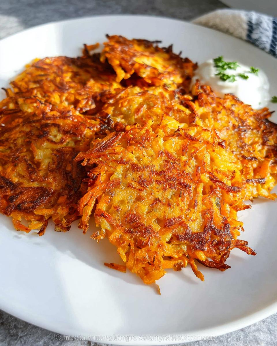 A plate of golden-brown, crispy Healthy Sweet Potato Hash Browns served with a dollop of sour cream and parsley.