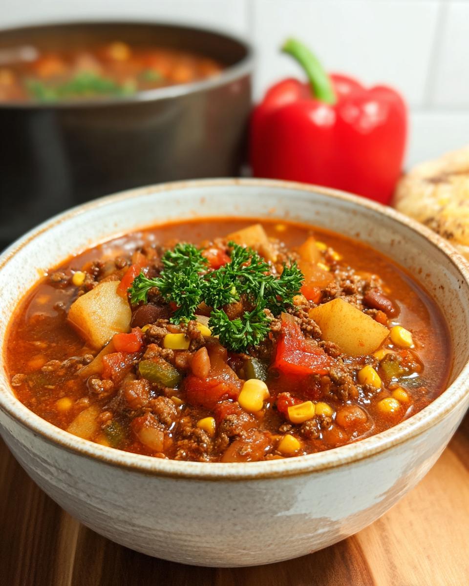 A close-up of a bowl of hearty Cowboy Soup, filled with ground beef, potatoes, corn, beans, and tomatoes, garnished with parsley.