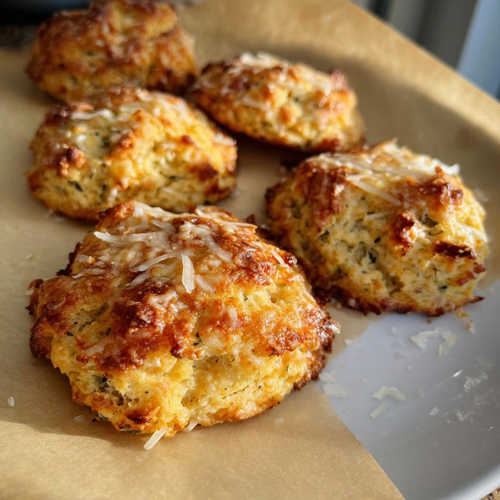 Close-up of golden-brown High Protein Breakfast Biscuits topped with shredded cheese.