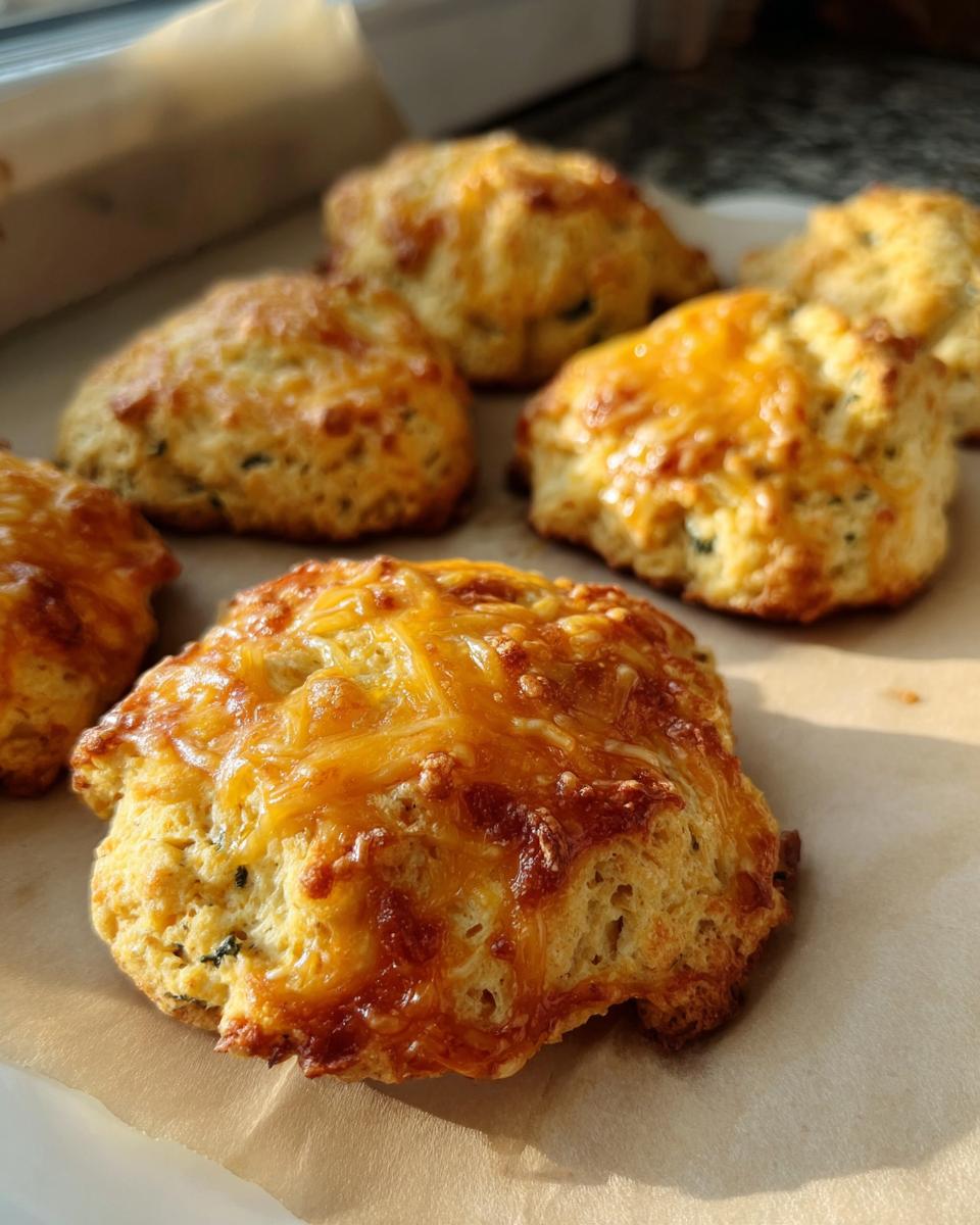 Close-up of golden-brown High Protein Breakfast Biscuits topped with melted cheddar cheese.