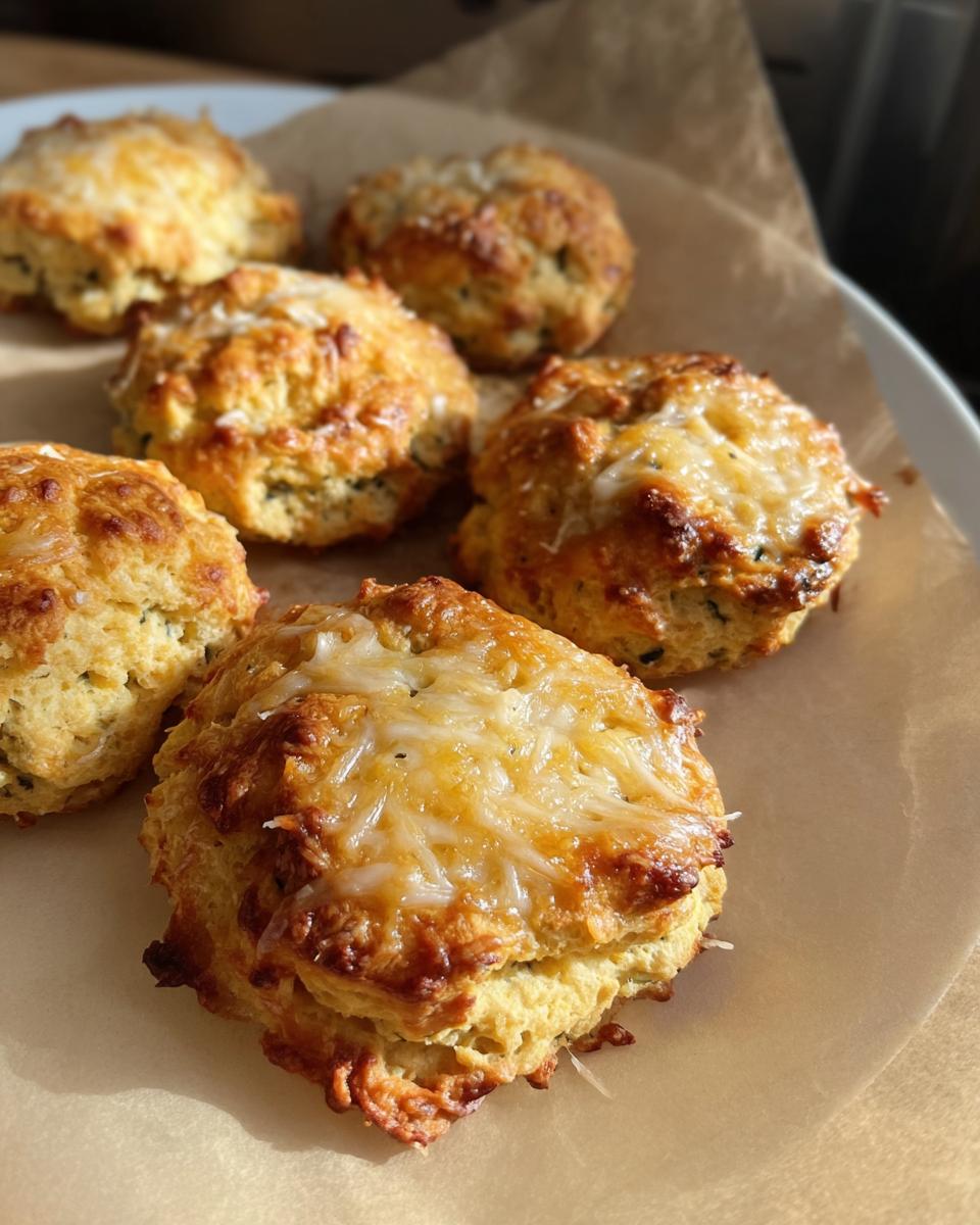 Close-up of golden-brown High Protein Breakfast Biscuits topped with melted cheese and herbs.