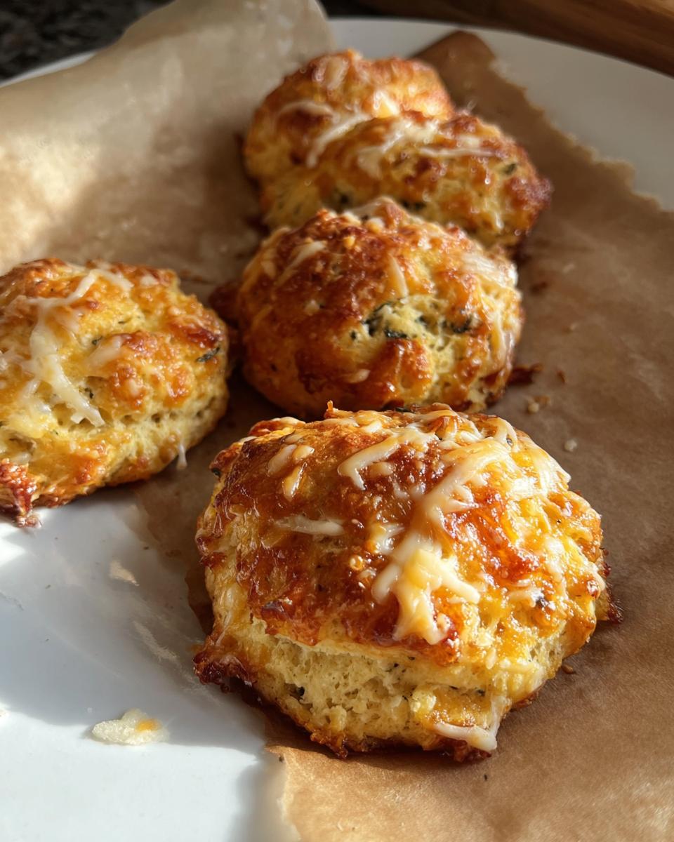 Close-up of golden brown High Protein Breakfast Biscuits topped with melted cheese.