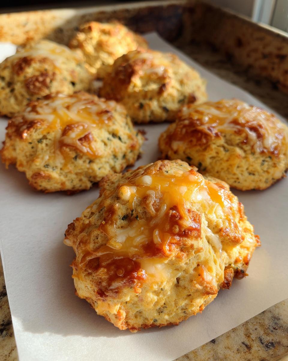 Close-up of golden brown High Protein Breakfast Biscuits topped with melted cheese, fresh from the oven.