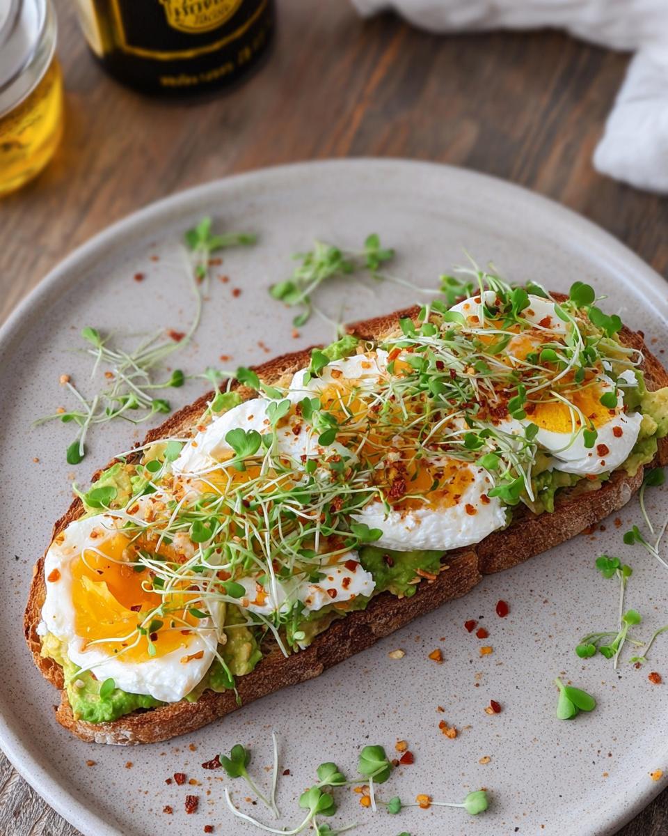 A slice of toast topped with mashed avocado, poached eggs, sprouts, and chili flakes for a high-protein breakfast.