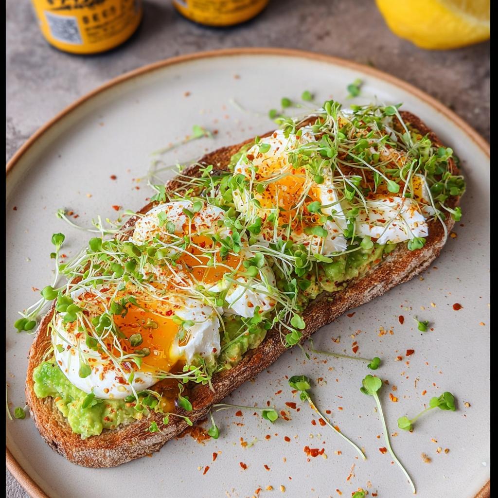 A slice of toast topped with mashed avocado, two poached eggs, and fresh sprouts, seasoned with chili flakes.