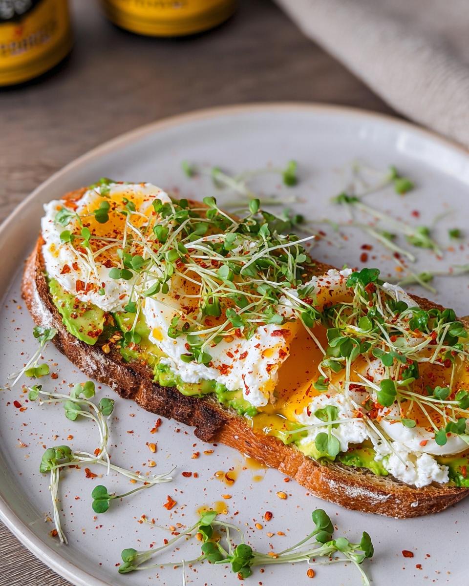A high-protein breakfast wrap featuring cottage cheese, avocado, and poached eggs, topped with microgreens and chili flakes.