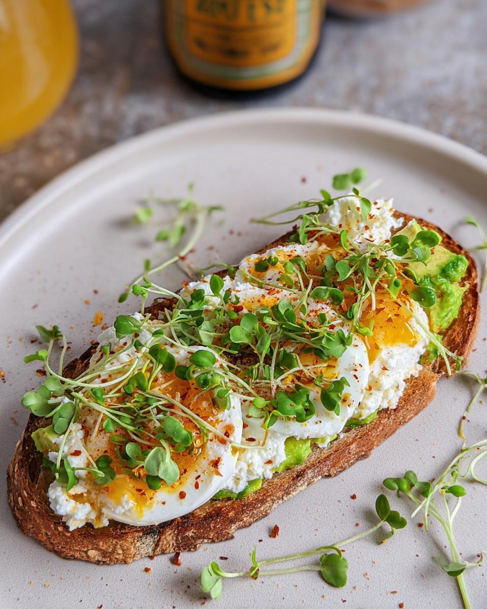 A delicious high-protein breakfast wrap topped with cottage cheese, avocado, poached eggs, and microgreens.