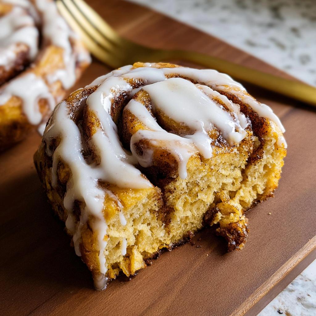 Close-up of a slice of high-protein cinnamon roll bread made with cottage cheese, drizzled with white icing.