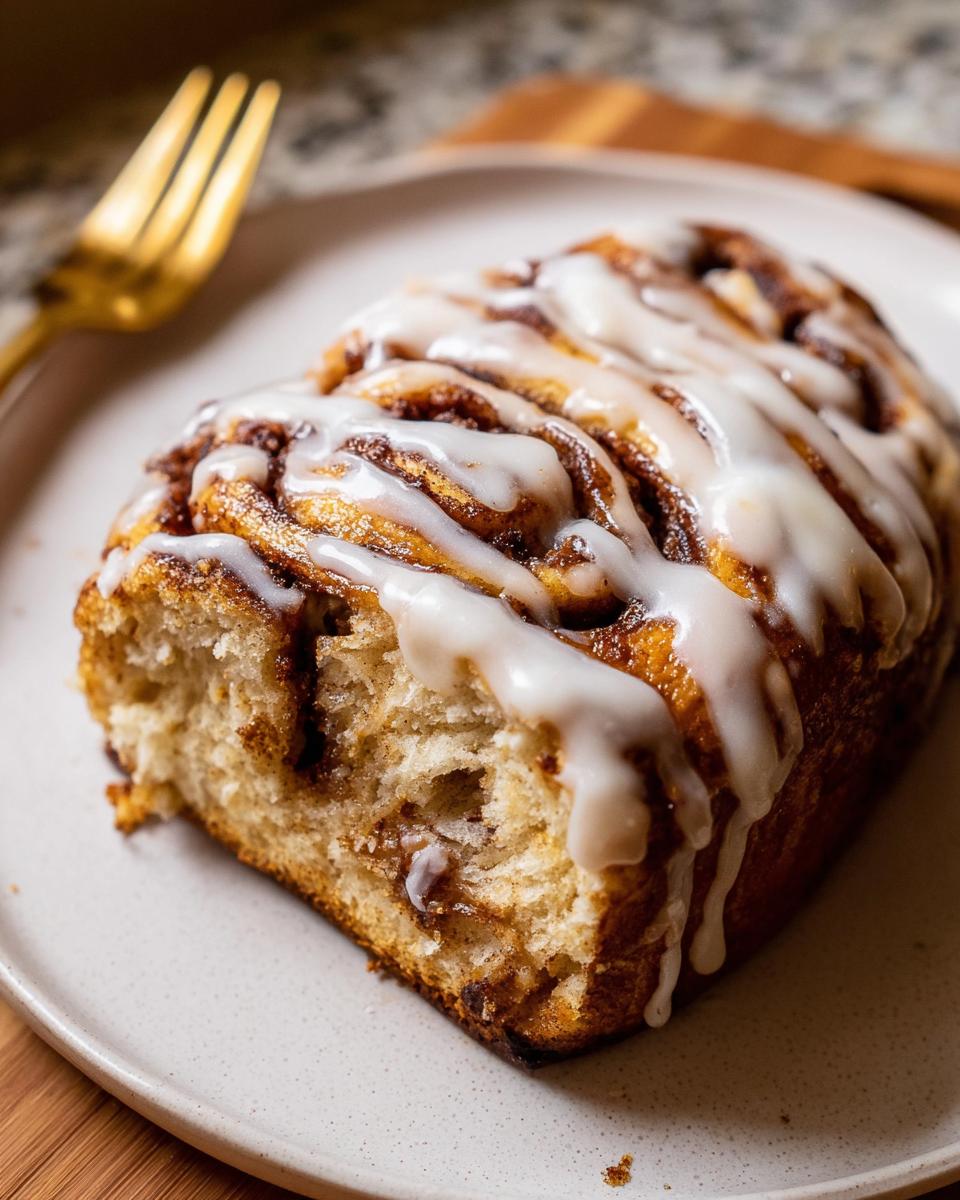 A slice of High-Protein Cinnamon Roll Bread, drizzled with white icing, showcasing its fluffy texture and cinnamon swirl.