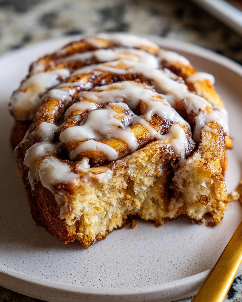 A close-up of a slice of High-Protein Cinnamon Roll Bread, drizzled with icing and a bite taken out.