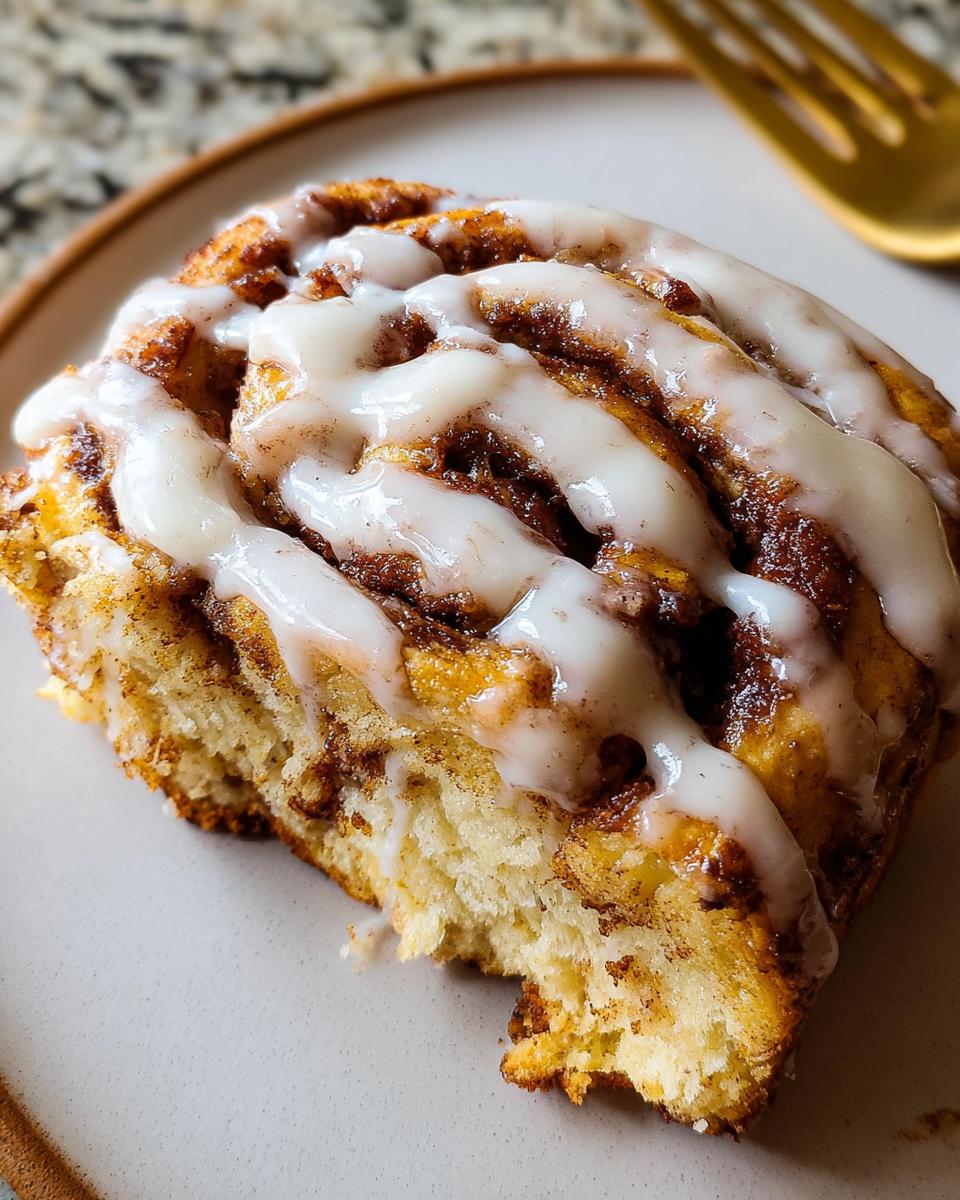 A close-up of a slice of High-Protein Cinnamon Roll Bread, drizzled with white icing.