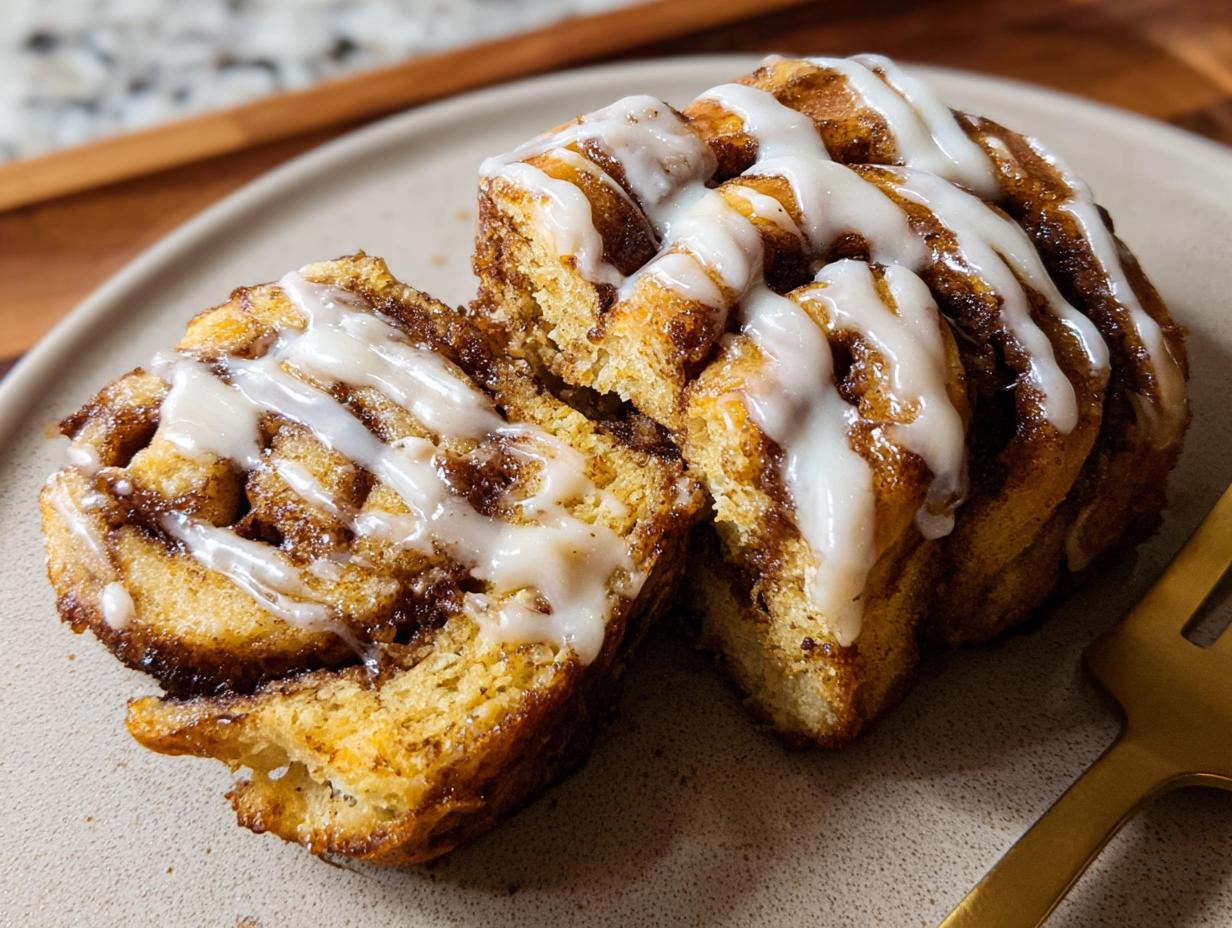 Close-up of a slice of High-Protein Cinnamon Roll Bread, drizzled with white icing.