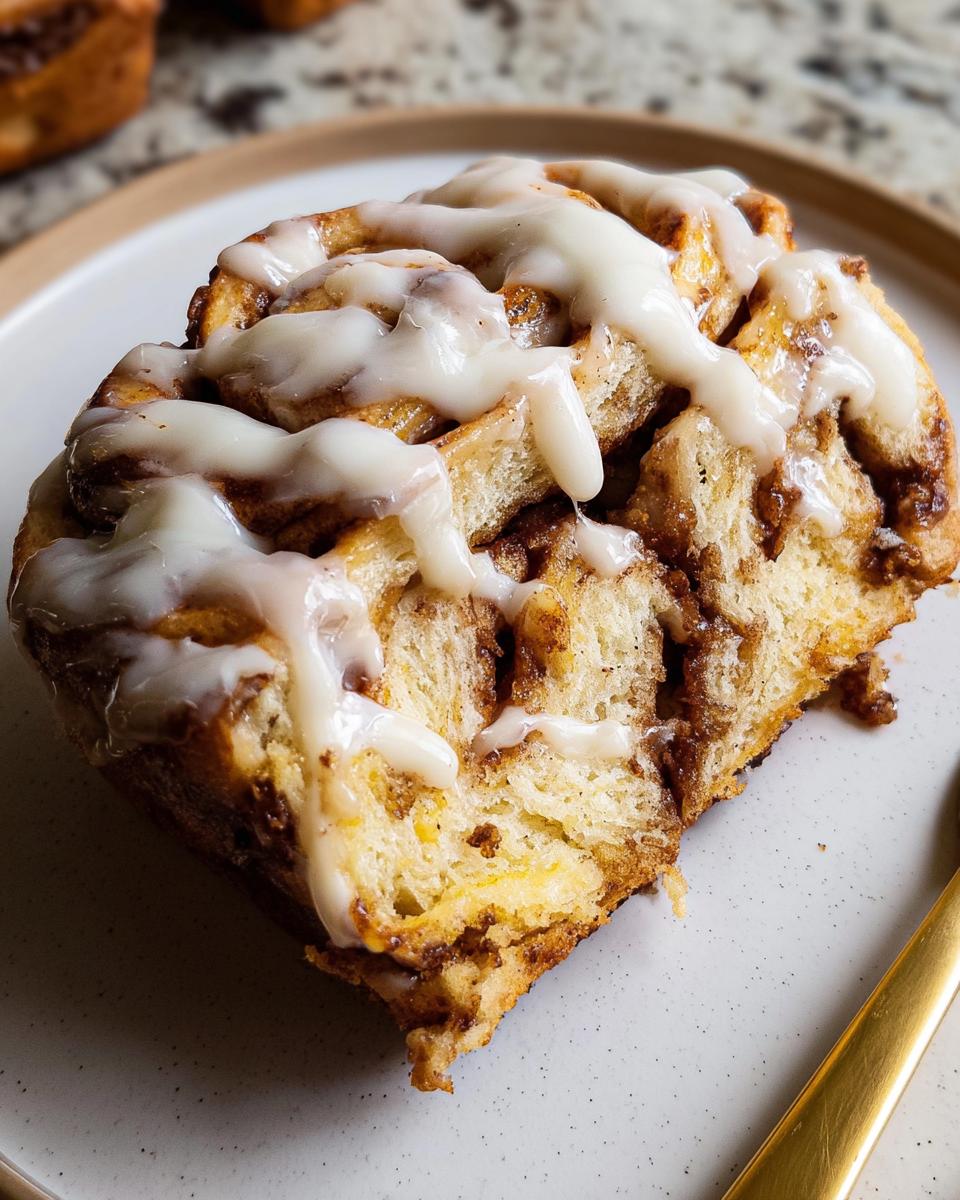 A close-up shot of a slice of high-protein cinnamon roll bread, generously drizzled with white glaze.