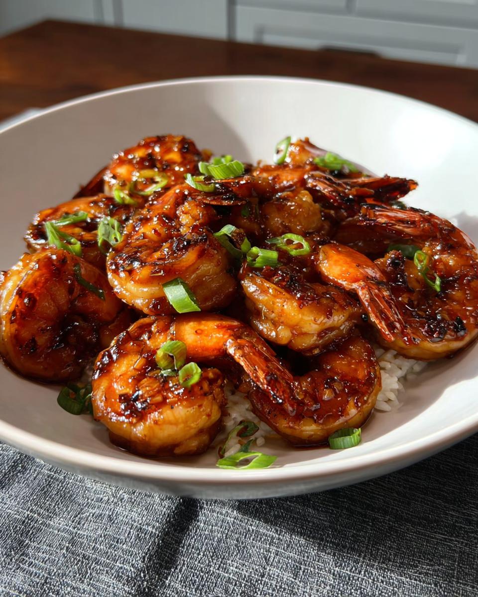 A bowl of glistening High-Protein Honey Garlic Shrimp served over white rice and garnished with chopped green onions.