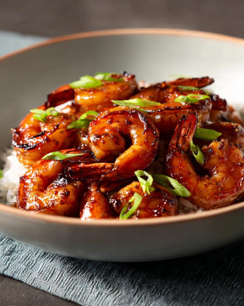 A bowl filled with fluffy white rice topped with glistening High-Protein Honey Garlic Shrimp and garnished with green onions.