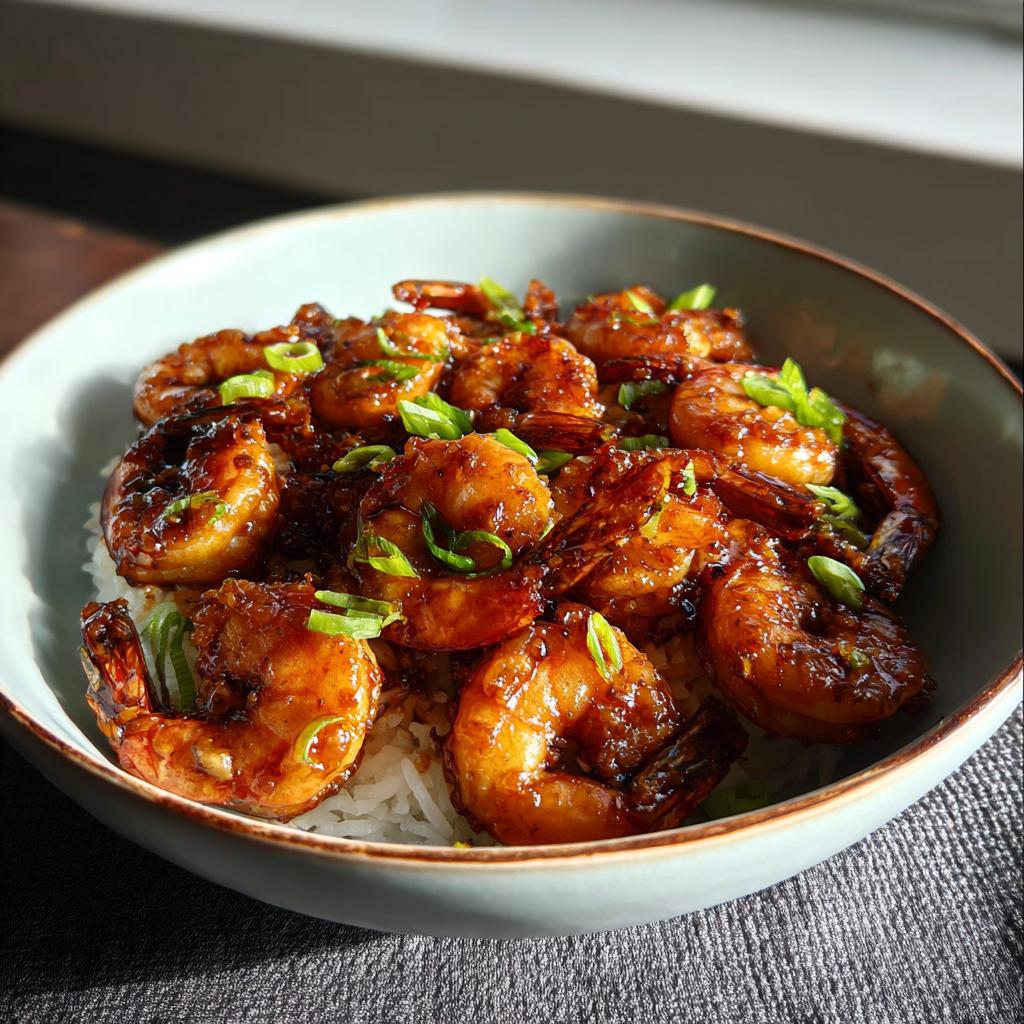 A bowl of fluffy white rice topped with glistening High-Protein Honey Garlic Shrimp and chopped green onions.