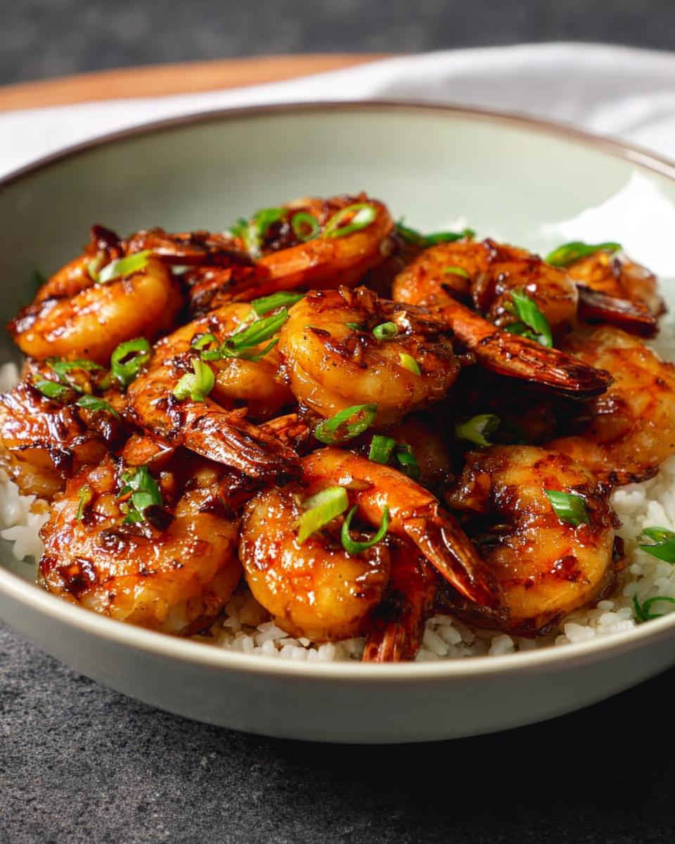 A bowl of fluffy white rice topped with glistening High-Protein Honey Garlic Shrimp and chopped green onions.
