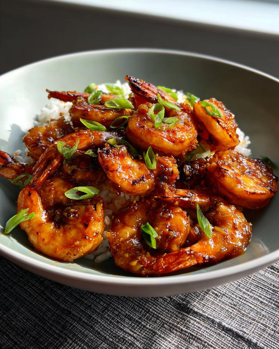 A bowl of fluffy white rice topped with glistening High-Protein Honey Garlic Shrimp and chopped green onions.