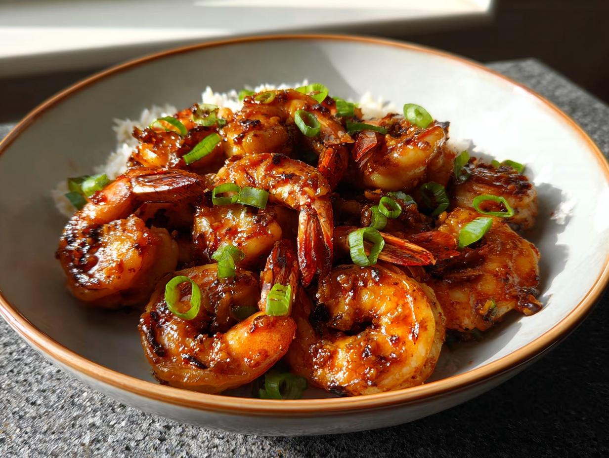 A bowl of fluffy white rice topped with glistening High-Protein Honey Garlic Shrimp and chopped green onions.