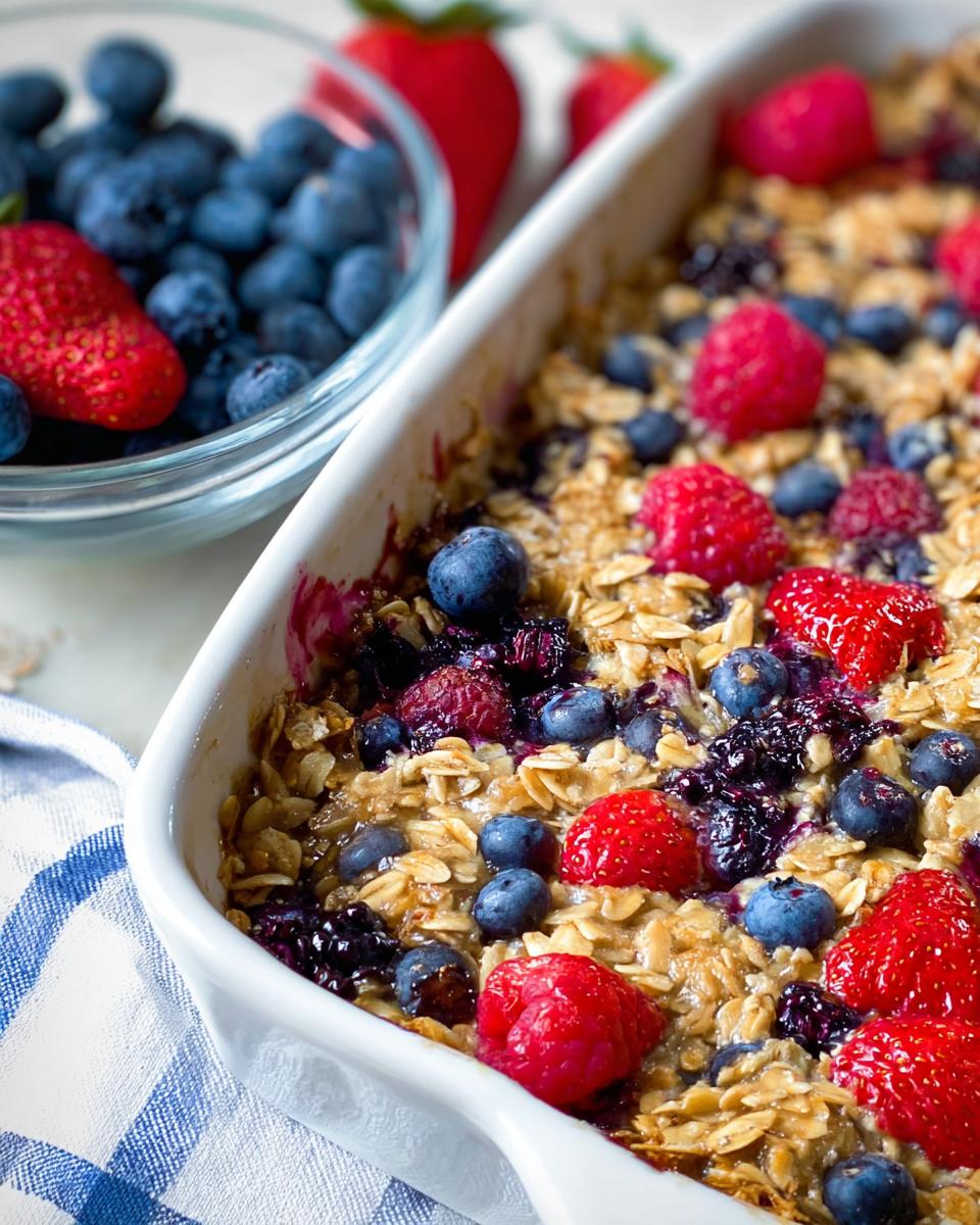 A close-up of a High Protein Triple Berry Bake in a white dish, topped with fresh blueberries, raspberries, and strawberries.