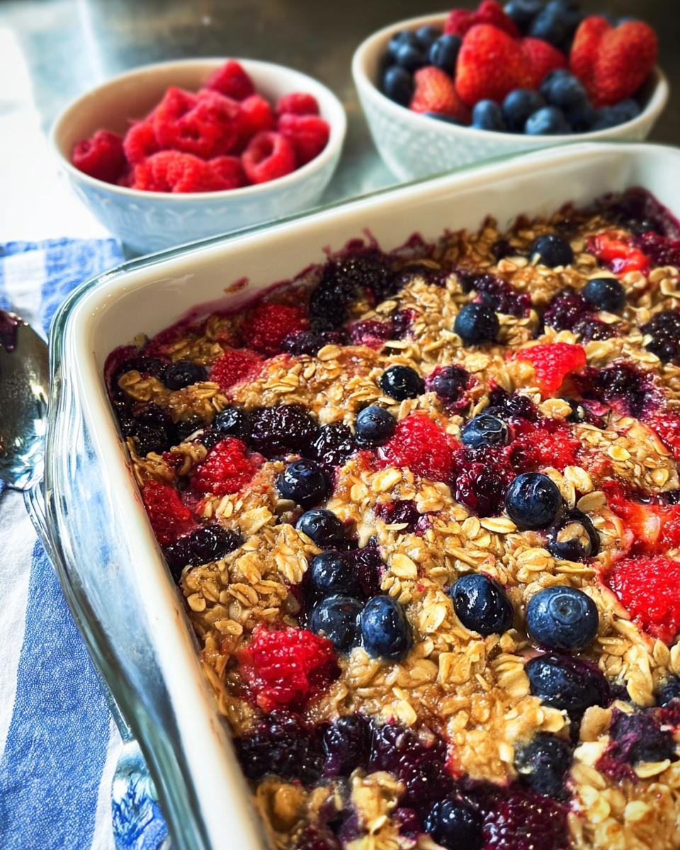 A freshly baked High Protein Triple Berry Bake in a white dish, topped with oats and mixed berries.