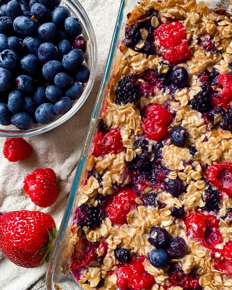 A close-up of a High Protein Triple Berry Bake in a glass dish, topped with oats and fresh berries.