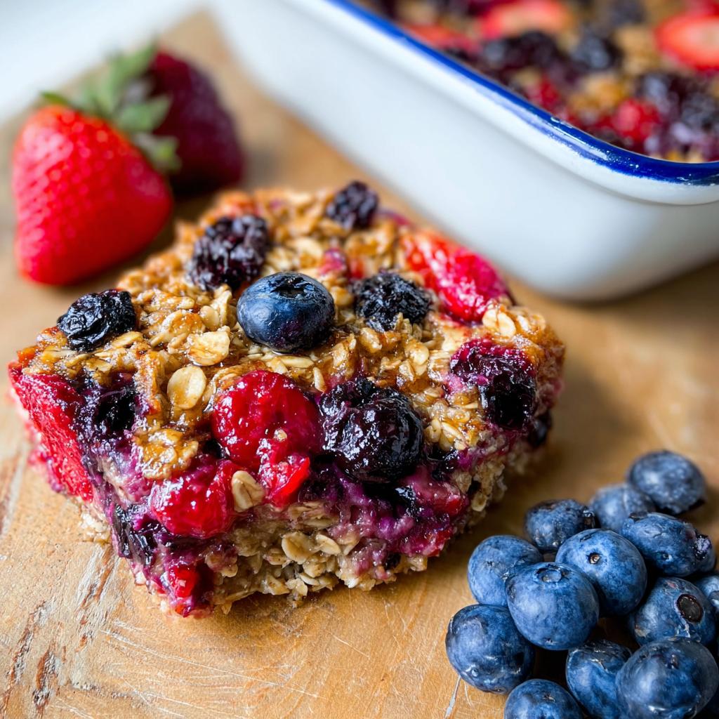 A delicious slice of High Protein Triple Berry Bake, topped with fresh blueberries and surrounded by berries.