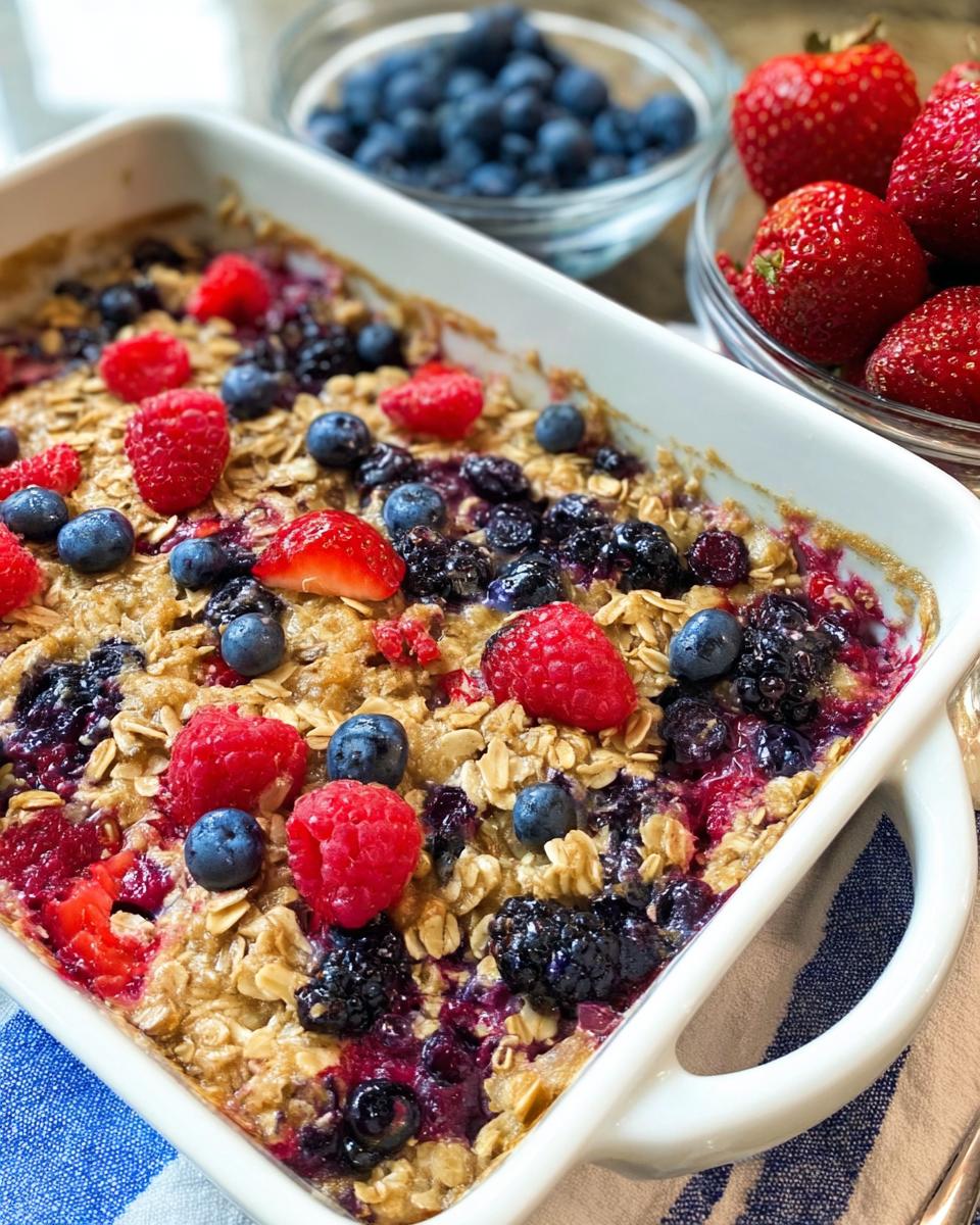 A close-up of a High Protein Triple Berry Bake, topped with fresh raspberries, blueberries, and strawberries.