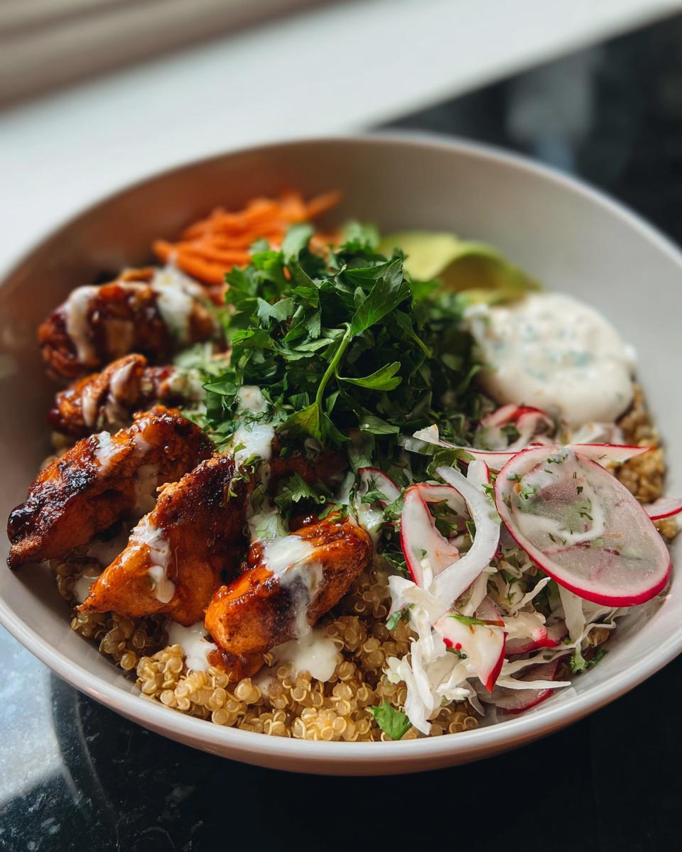 A delicious Hot Honey Chicken Bowl featuring grilled chicken, quinoa, avocado, shredded carrots, and a fresh radish slaw.