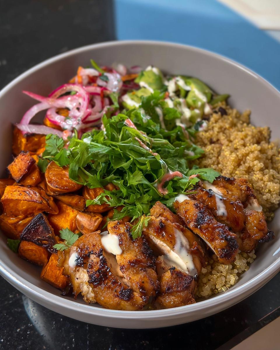 A delicious Hot Honey Chicken Bowl Recipe featuring grilled chicken, quinoa, roasted sweet potatoes, avocado, and pickled onions.