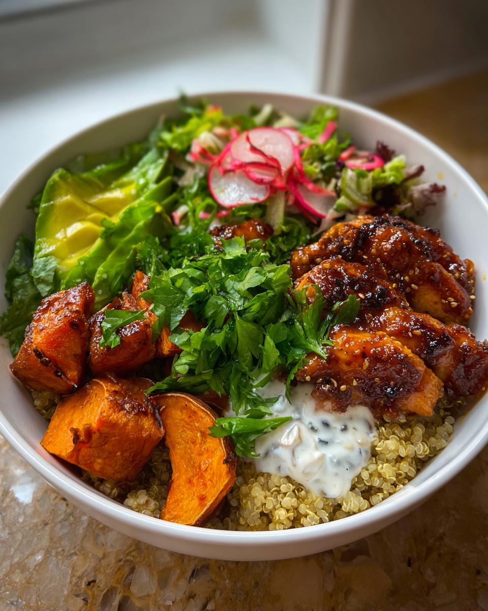 A vibrant Hot Honey Chicken Bowl featuring glazed chicken, roasted sweet potatoes, avocado, quinoa, and a fresh salad.