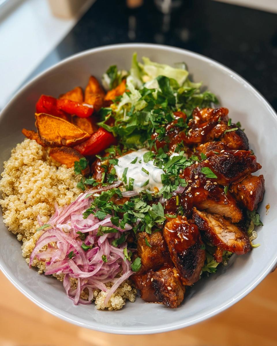 A delicious Hot Honey Chicken Bowl with quinoa, roasted sweet potatoes, red onions, and fresh greens.