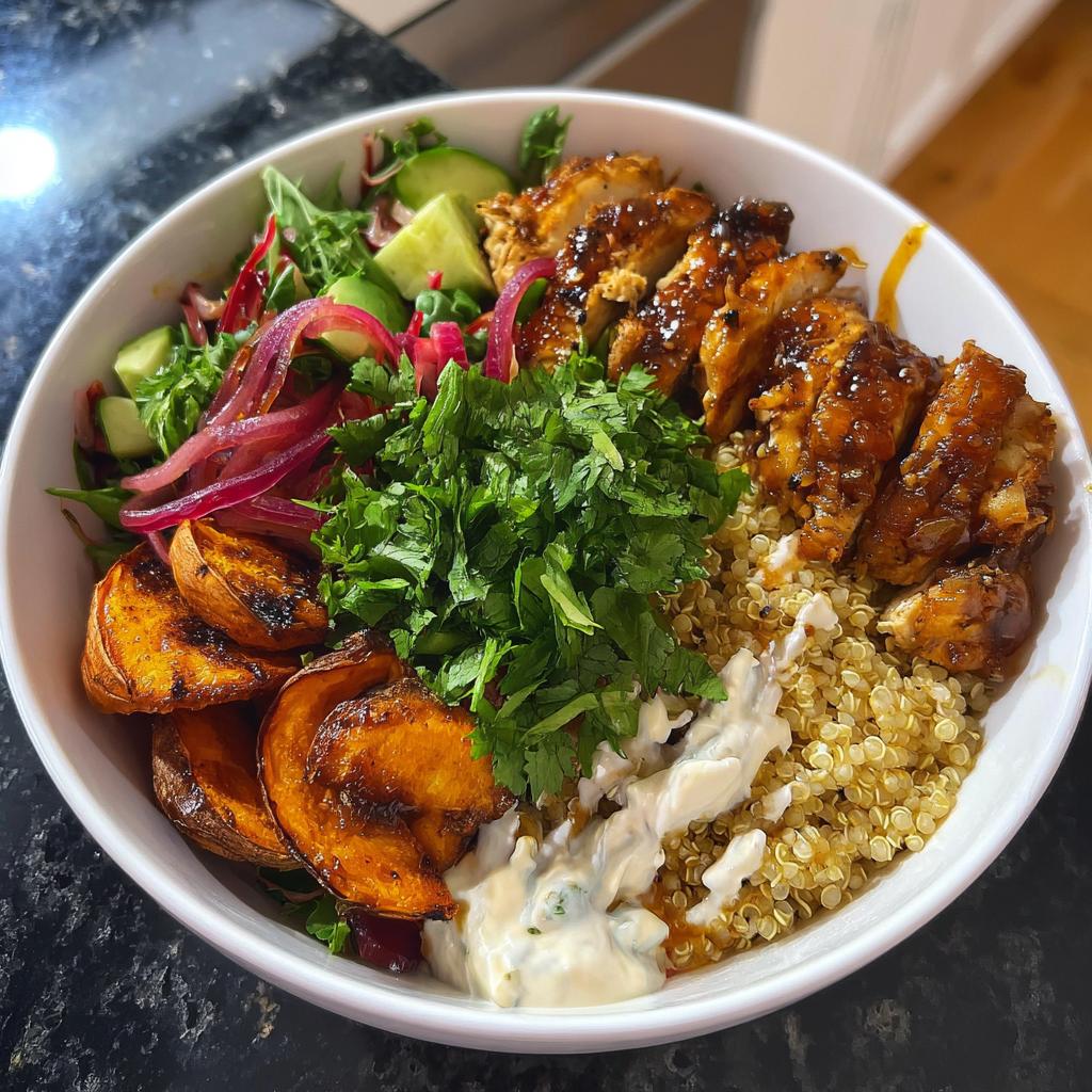 A delicious Hot Honey Chicken Bowl Recipe featuring sliced chicken, quinoa, roasted sweet potatoes, and fresh salad.