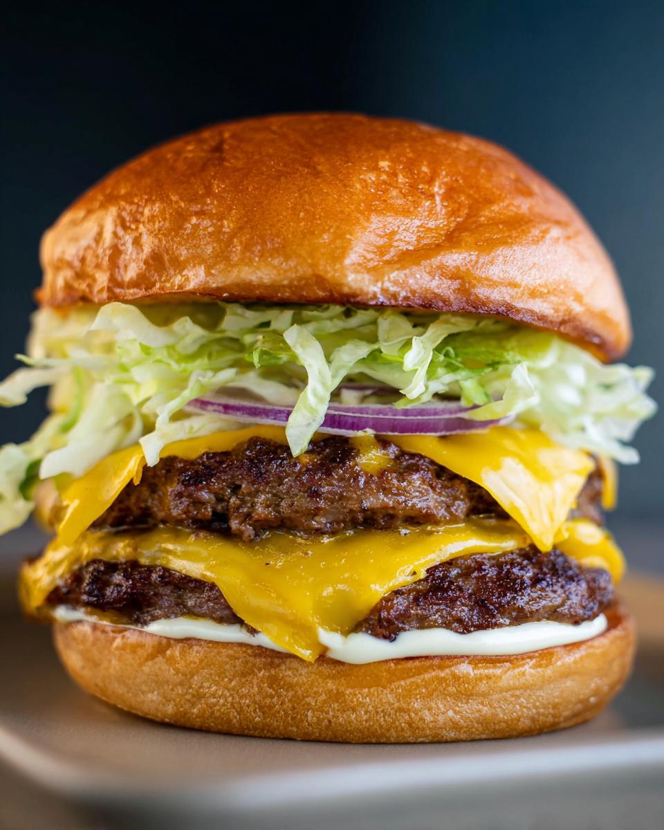 A double patty smash burger with melted cheese, lettuce, onion, and secret sauce on a toasted bun.