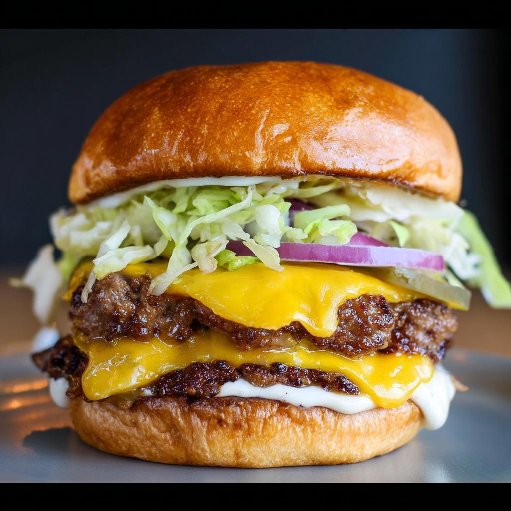 A close-up of an irresistible smash burger with two juicy patties, melted cheddar cheese, crisp lettuce, red onion, and pickles.