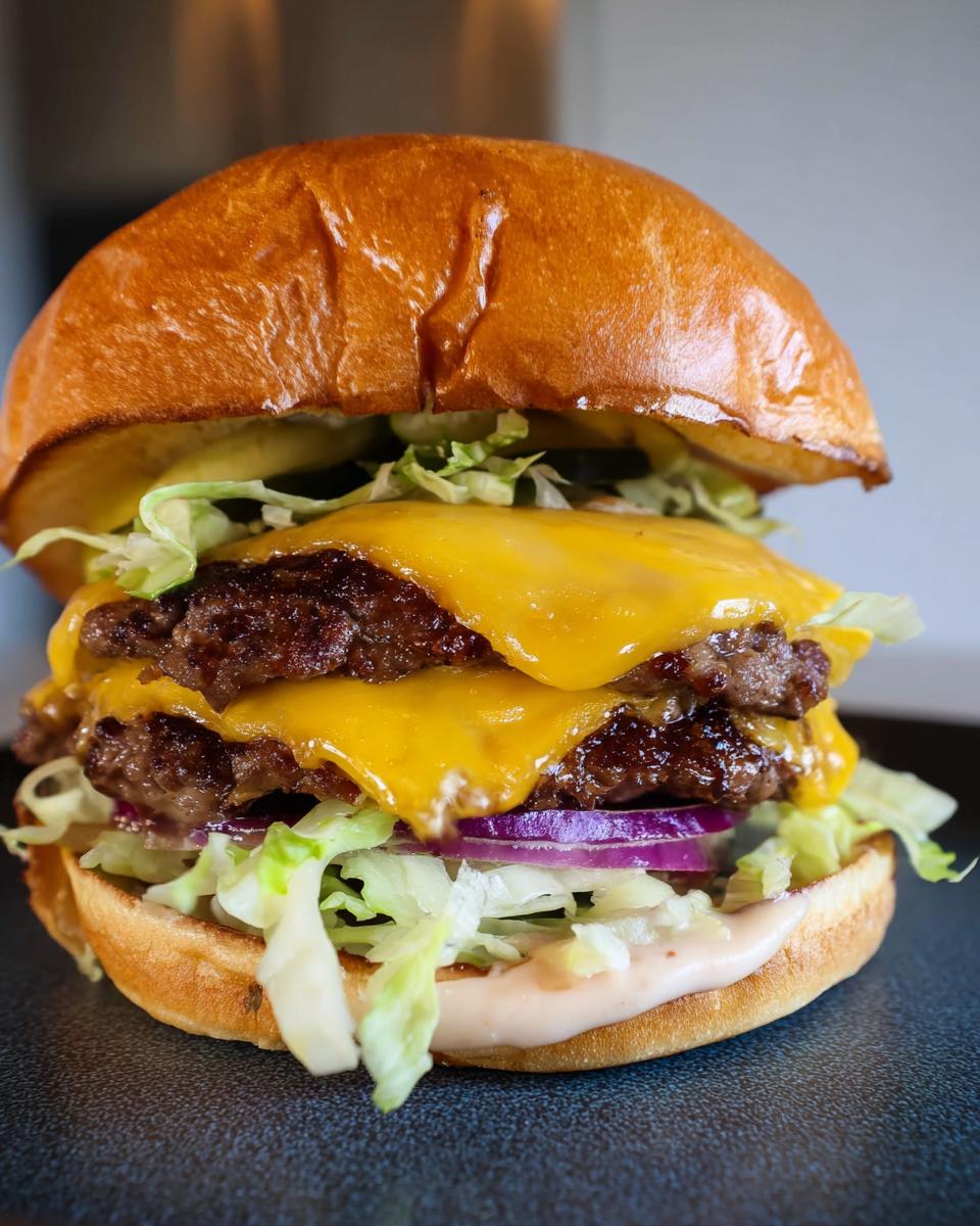 A juicy double patty smash burger with melted cheese, lettuce, red onion, and secret sauce on a toasted bun.