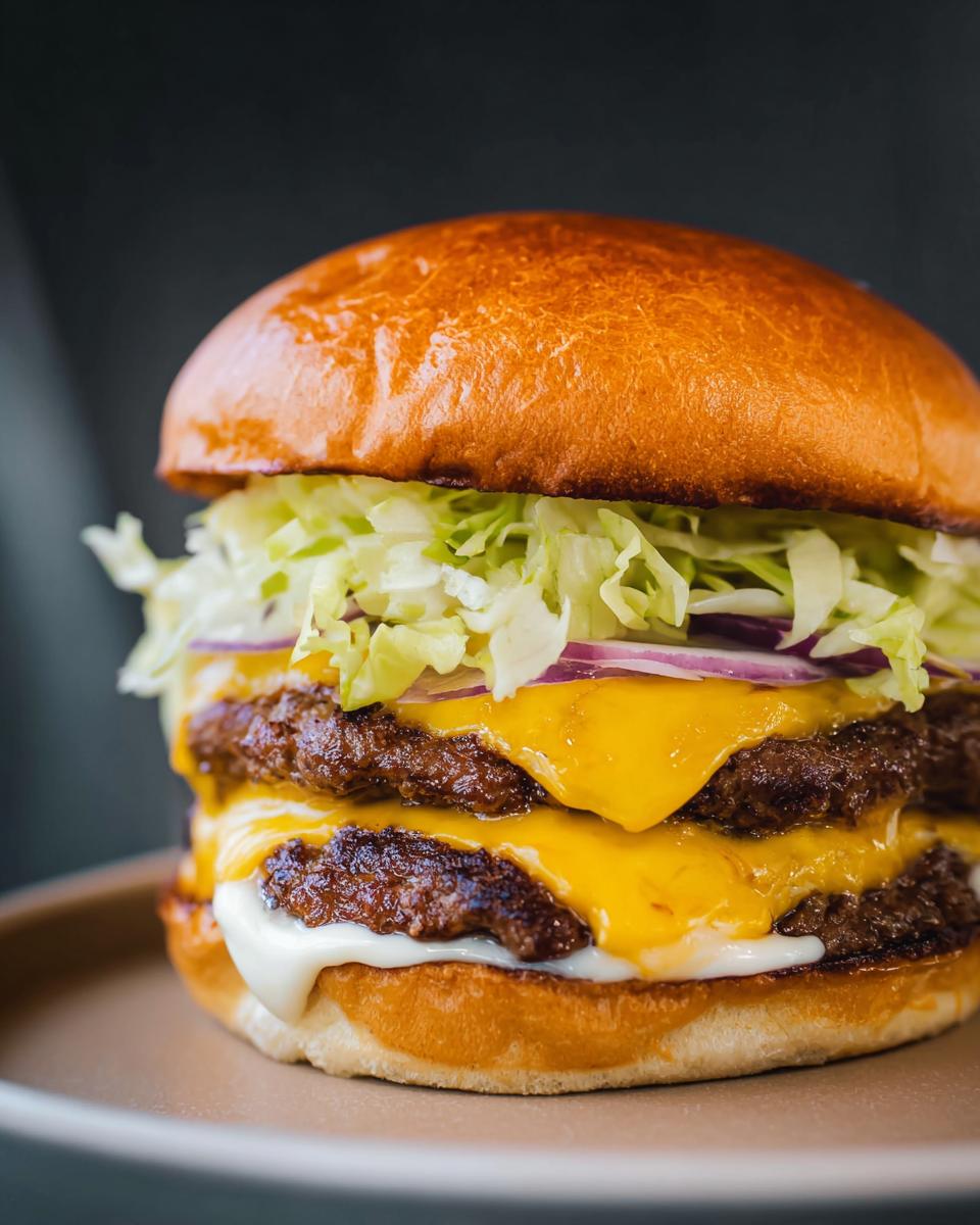 A juicy double patty smash burger with melted cheese, lettuce, onion, and pickles on a toasted bun.