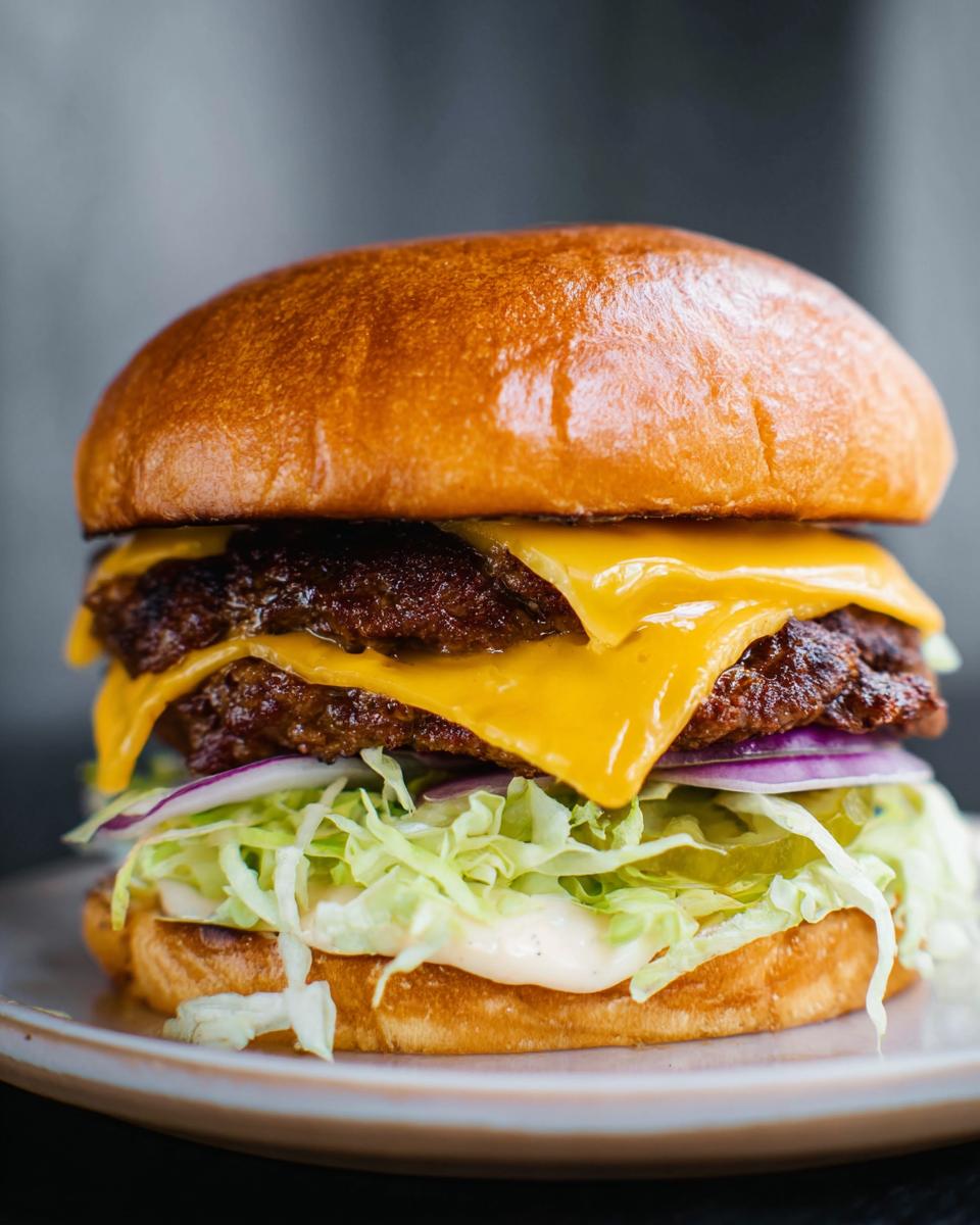 A juicy double patty smash burger with melted cheese, lettuce, onion, and pickles on a toasted bun.