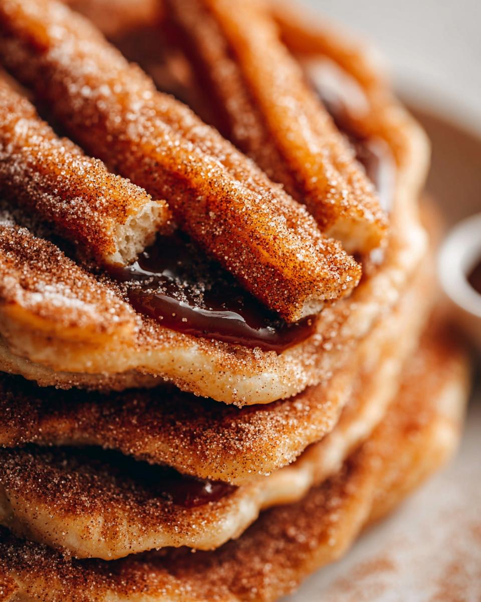 A close-up stack of Irresistible Spanish Churro Pancakes, coated in cinnamon sugar and drizzled with chocolate.