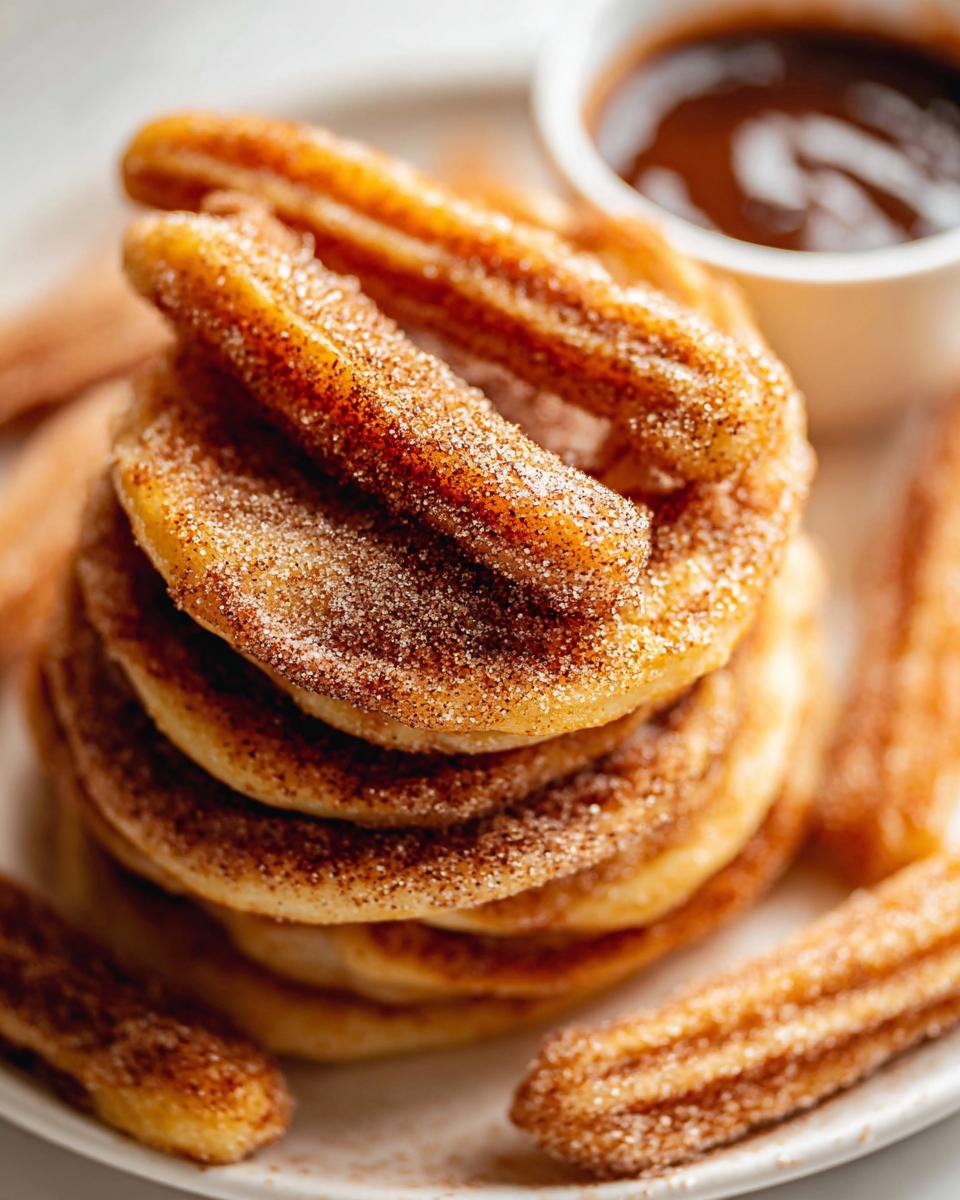 A stack of fluffy pancakes coated in cinnamon sugar, topped with churro pieces, served with a side of chocolate sauce.