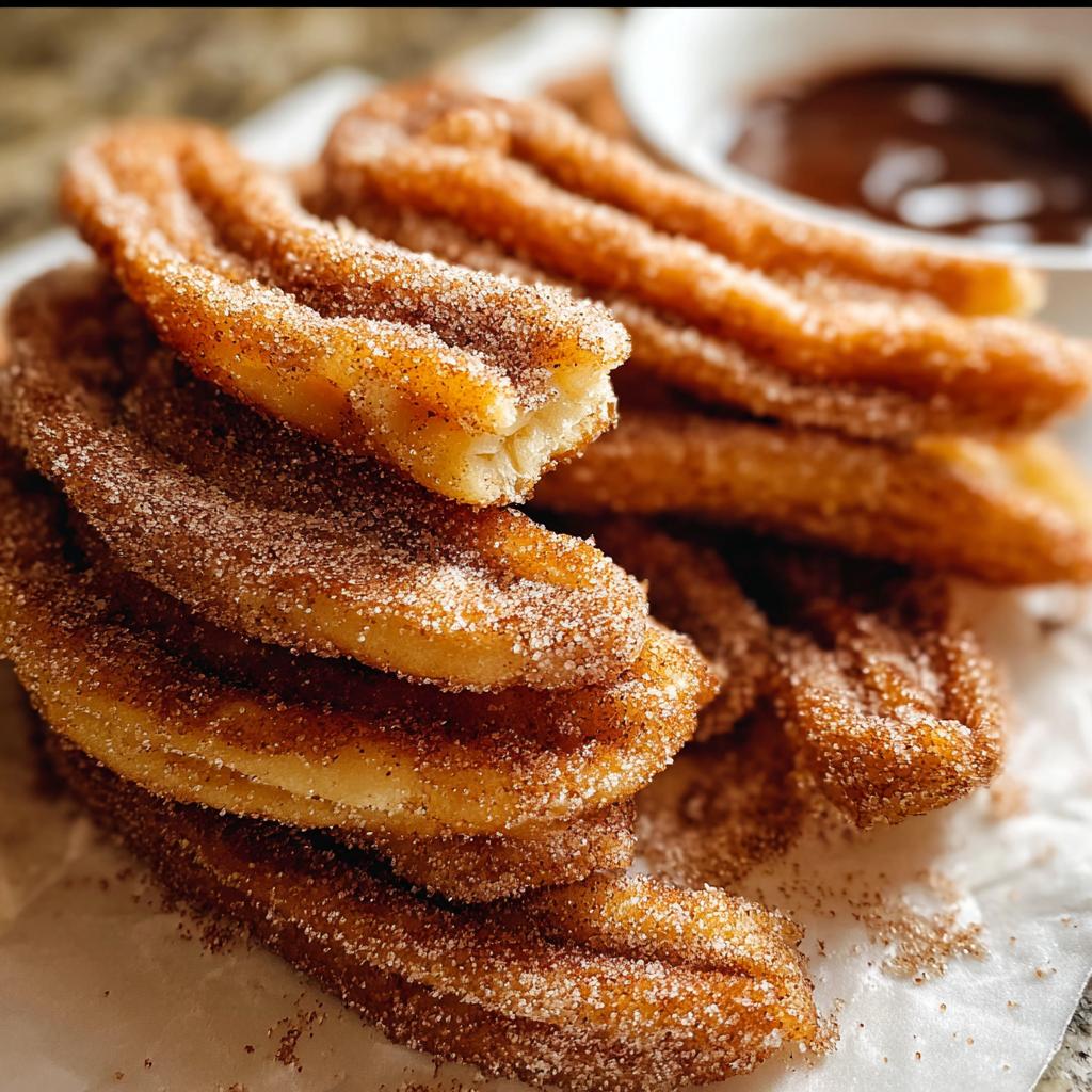 A close-up of a stack of Irresistible Spanish Churro Pancakes, coated in cinnamon sugar, with a side of chocolate dipping sauce.