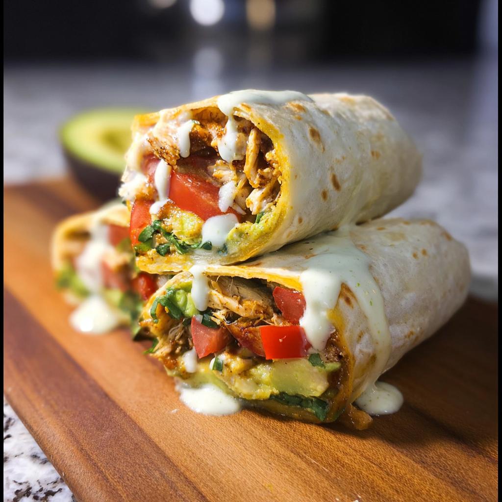 A delicious wrap filled with Juicy Garlic Parmesan Chicken Meatloaf, avocado, and tomatoes, drizzled with sauce.