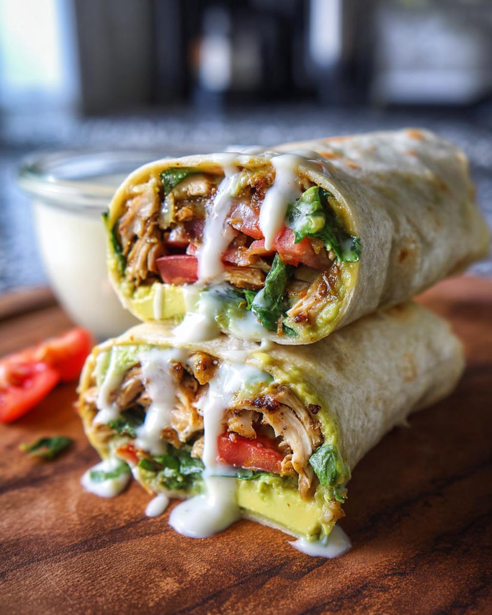 A close-up of a wrap filled with Juicy Garlic Parmesan Chicken Meatloaf, avocado, tomatoes, and greens, drizzled with sauce.